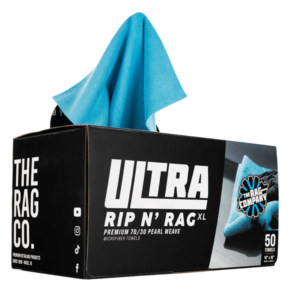 Box of Ultra Rip N' Rag XL microfiber towels with a blue towel on top, featuring The Rag Company branding.