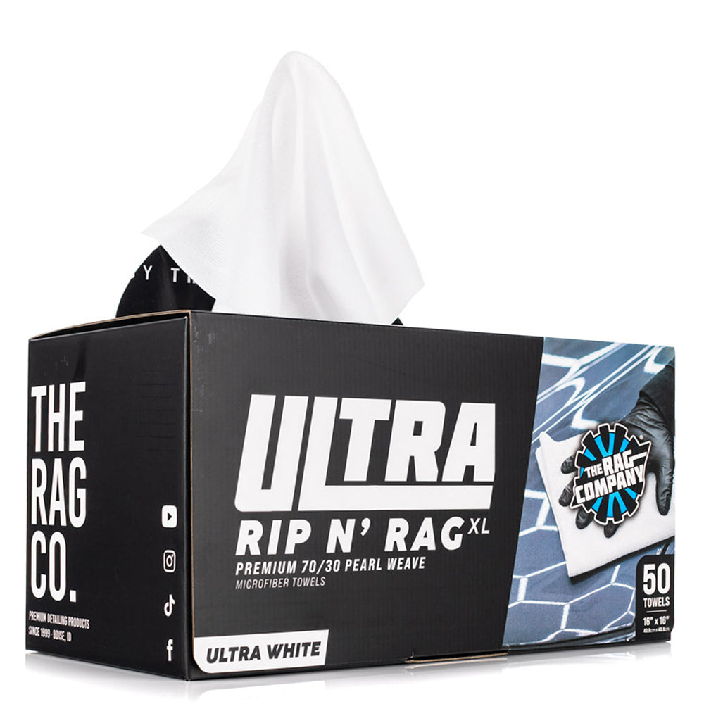Box of Ultra Rip N' Rag XL microfiber towels from The Rag Company on a white background